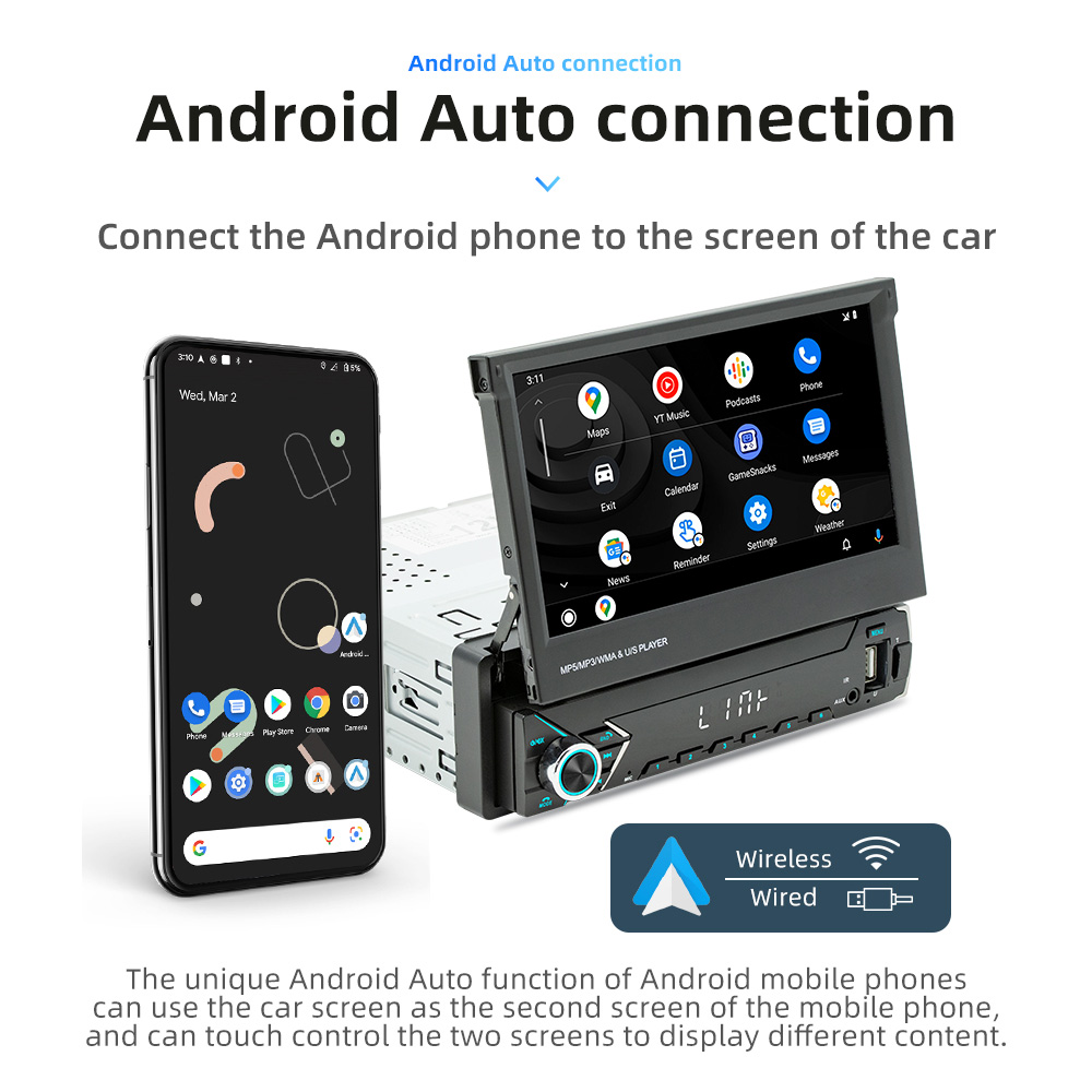 Autoradio Carplay sans fil avec Ã©cran rÃ©tractable IPS, lecteur de limitation, audio et vidÃ©o universels, Android 10, 1 Din, 7 pouces, 1024x600 n° 3