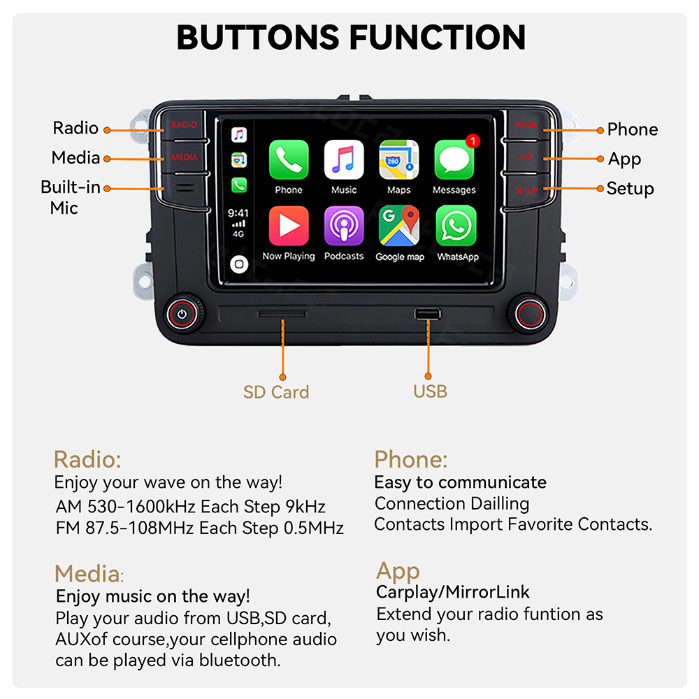 Autoradio Carplay Android Rcd360, Bluetooth, audio, Rcd330, limitation pour VW Golf 5/6, Jetta Mk5/Mk6, Tiguan CC, Polo, Passat, Gods n° 4