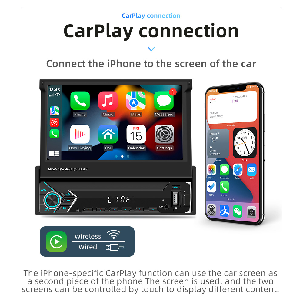 Autoradio Carplay sans fil avec Ã©cran rÃ©tractable IPS, lecteur de limitation, audio et vidÃ©o universels, Android 10, 1 Din, 7 pouces, 1024x600 n° 2