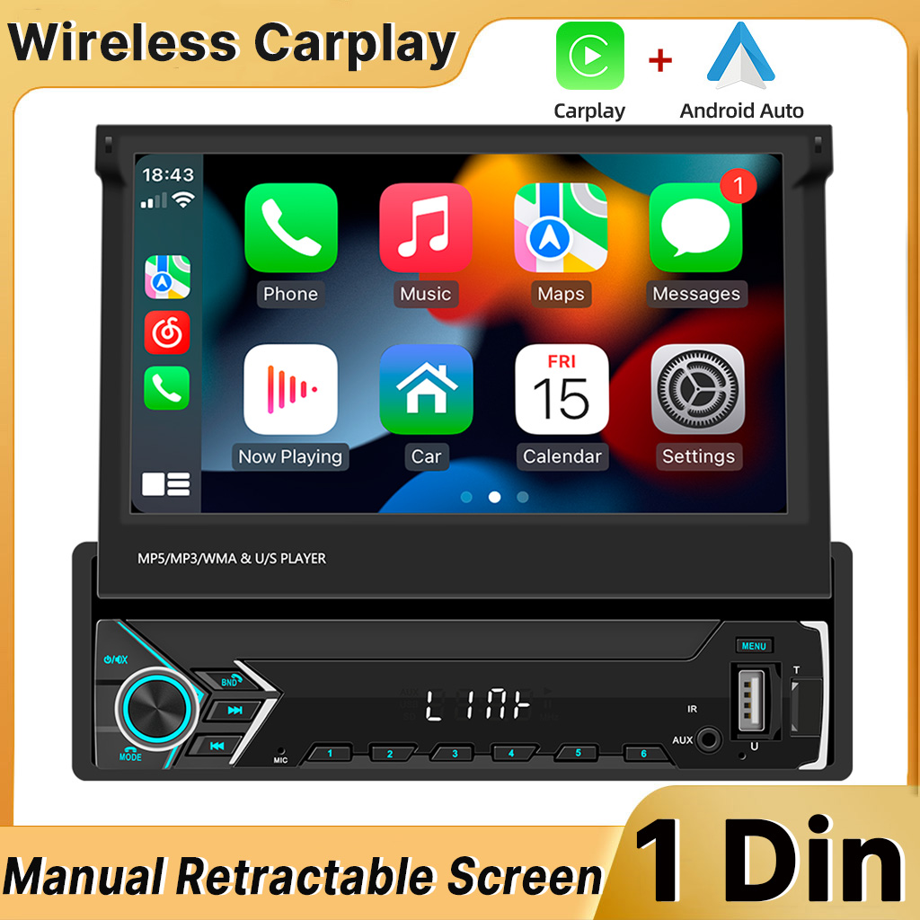 Autoradio Carplay sans fil avec Ã©cran rÃ©tractable IPS, lecteur de limitation, audio et vidÃ©o universels, Android 10, 1 Din, 7 pouces, 1024x600 n° 1