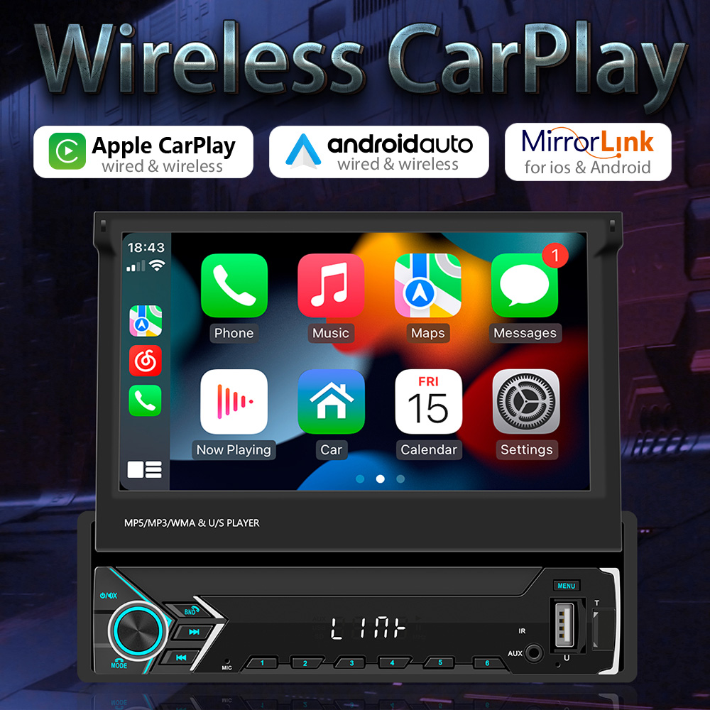 Autoradio Carplay sans fil avec Ã©cran rÃ©tractable IPS, lecteur de limitation, audio et vidÃ©o universels, Android 10, 1 Din, 7 pouces, 1024x600 n° 5