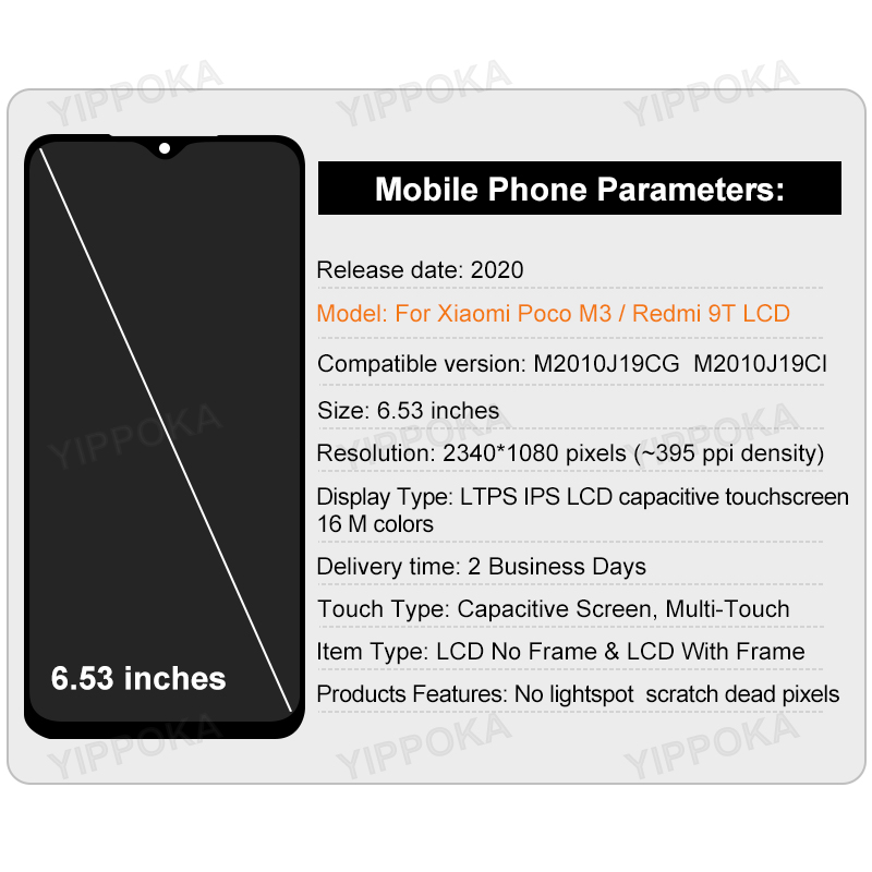 PiÃ¨ces de rechange de HÃ©bergements eur d'Ã©cran tactile d'affichage Ã  cristaux liquides pour Xiaomi, POCO M3, M2010J19CG, 6.53 , Original, Redmi 9T n° 2