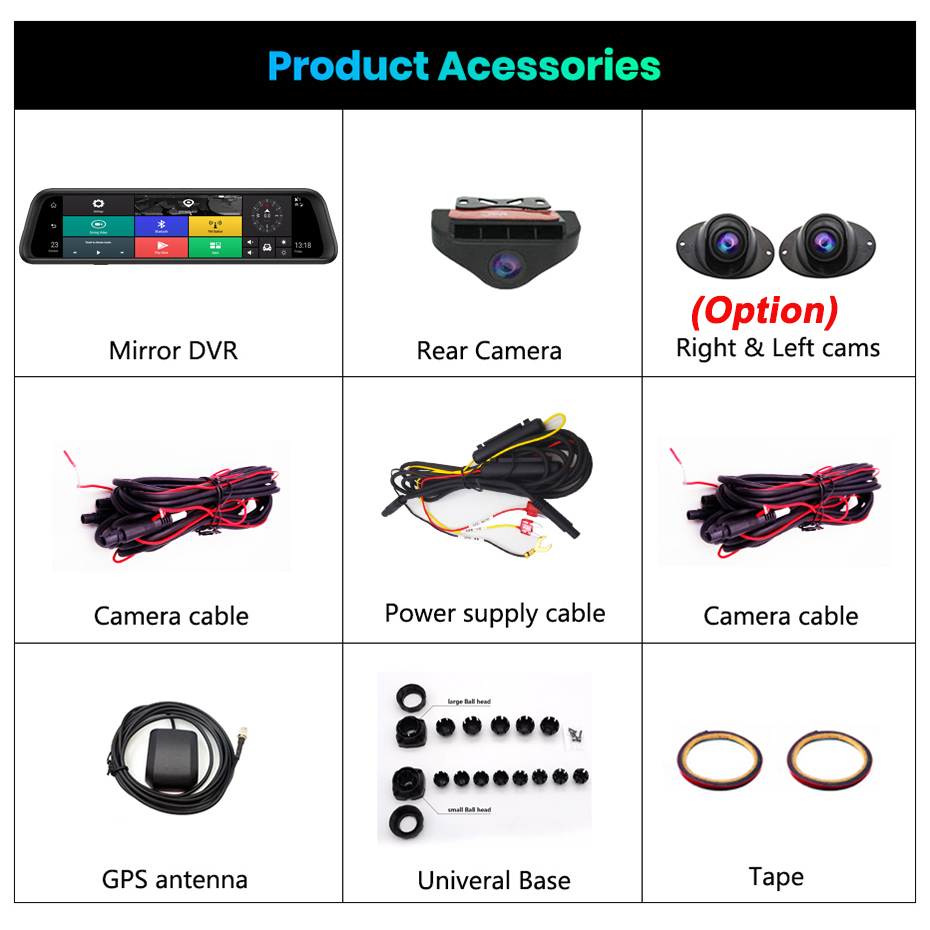 RÃ©troviseur de voiture avec enregistreur vidÃ©o 360 Â°, 4 canaux, 12 pouces, 4G, Android Auto DVR, ADAS, WiFi, camÃ©ras de navigation GPS, tableau de bord 1080P n° 6