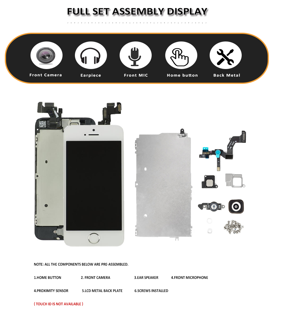 Ensemble Ã©cran tactile LCD No.1 de remplacement, camÃ©ra avant installÃ©e, bouton accueil + outils, pour iPhone 5 5s 5C SE 2016 n° 4