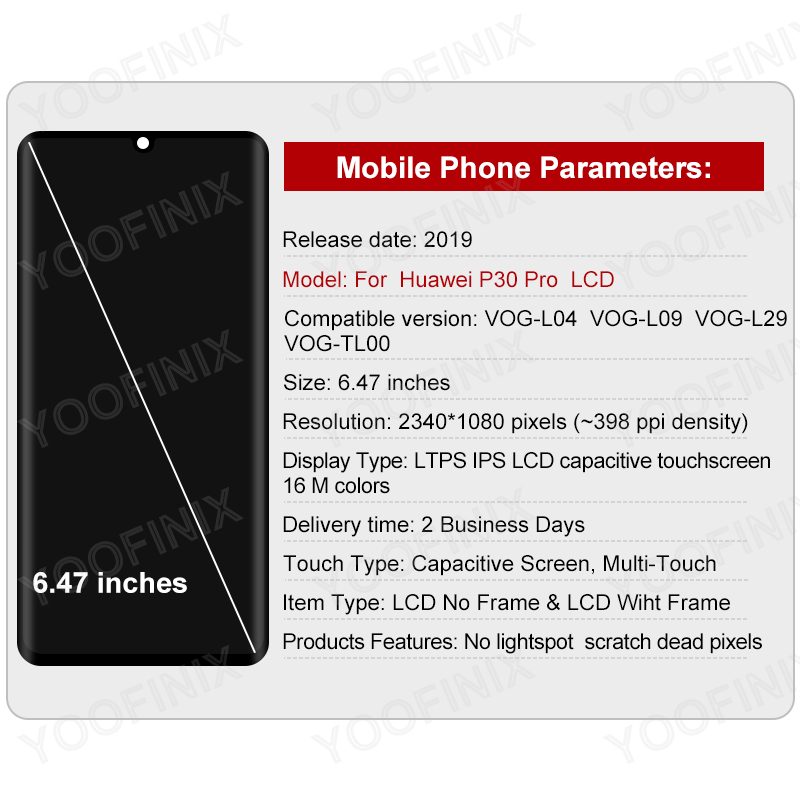 Numériseur d'écran tactile d'affichage à cristaux liquides pour Huawei P30 Pro, pièces de rechange d'affichage à VOG-L04 VOG-L29 de 6.47 pouces n° 2