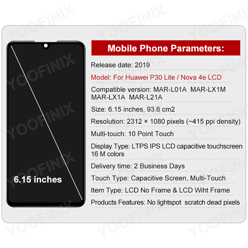 6.15 Pour Huawei P30 Lite LCD Ã‰cran PiÃ¨ces De Rechange Pour Huawei Nova 4E Affichage MAR-LX1M MAR-LX1A Ã‰cran MAR-AL01 n° 2