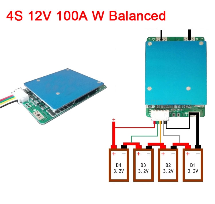 Carte de protection de batterie au lithium Lifepo4, 4S, 12V, 100A, courant Ã©levÃ©, balance W, 4 cellules, balance 12.8V, onduleur de dÃ©marrage de voiture n° 1