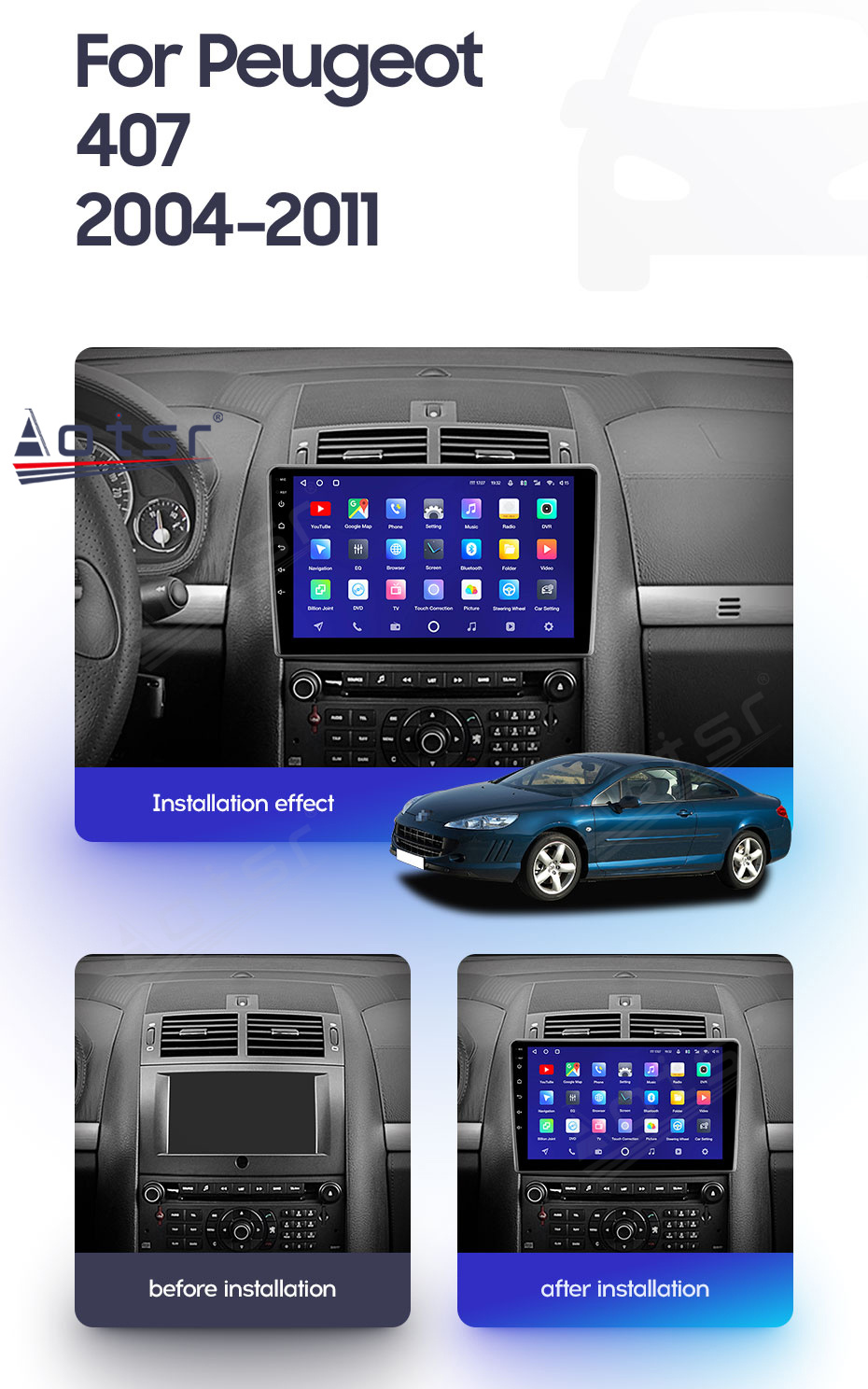 Autoradio Android 11, DSP, Navigation GPS, DVD, VidÃ©o, Carplay, Lecteur StÃ©rÃ©o, Auto Audio, 1 Din, Limitation, KIT 407, 2004-2010 n° 3