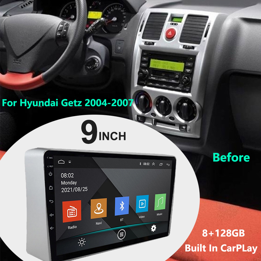 Lecteur vidÃ©o de voiture avec Ã©cran tactile, unitÃ© principale CarPlay, radio, magnÃ©tophone, Android, GPS, Hyundai Getz 2004, 2005, 2006, 2007, 9 pouces, 2Din n° 1