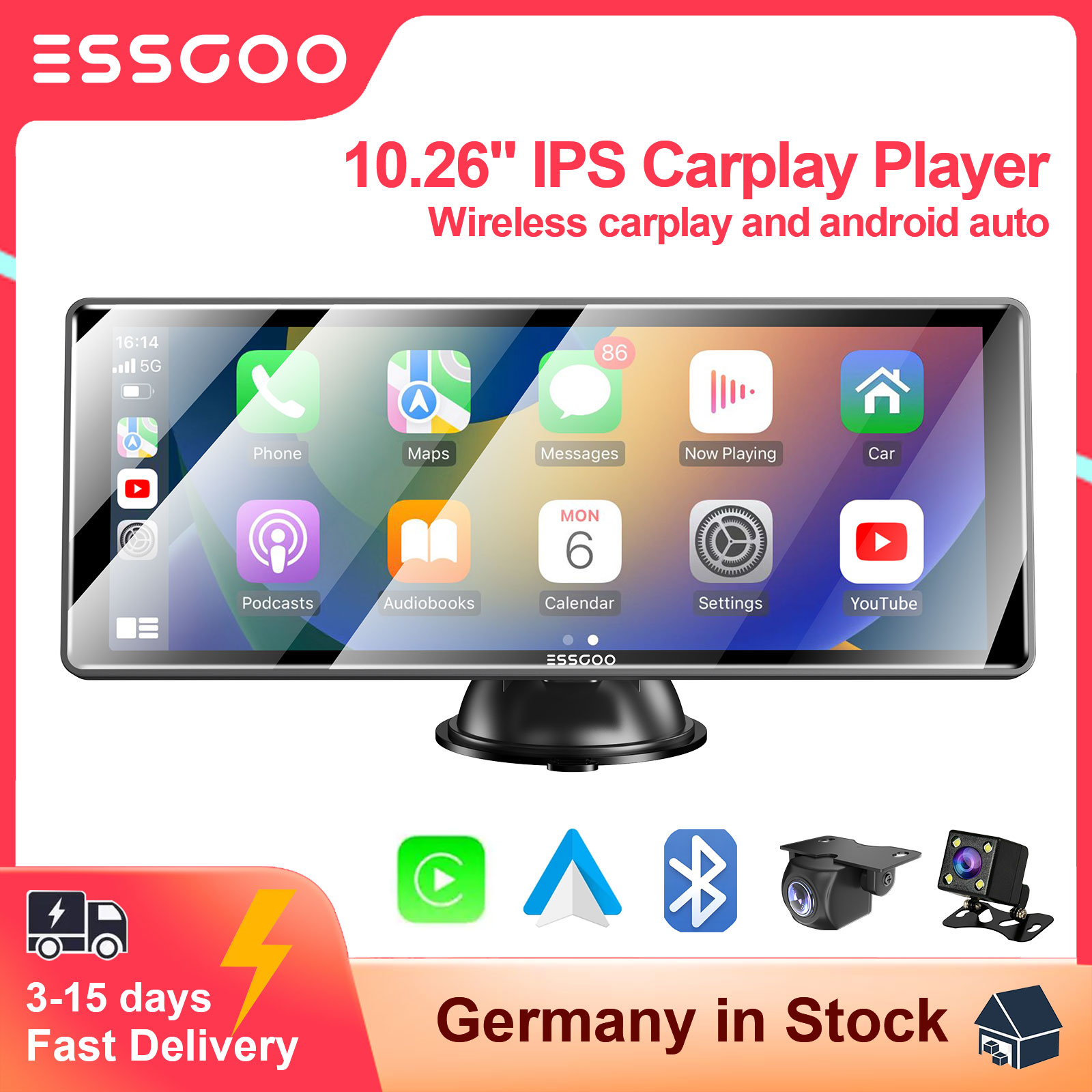 ESSGOO-Lecteur de voiture sans fil portable, Carplay, Android, Auto First, Ã‰cran IPS 10.26 , WiFi, Bluetooth, Commande vocale, Limitation n° 1