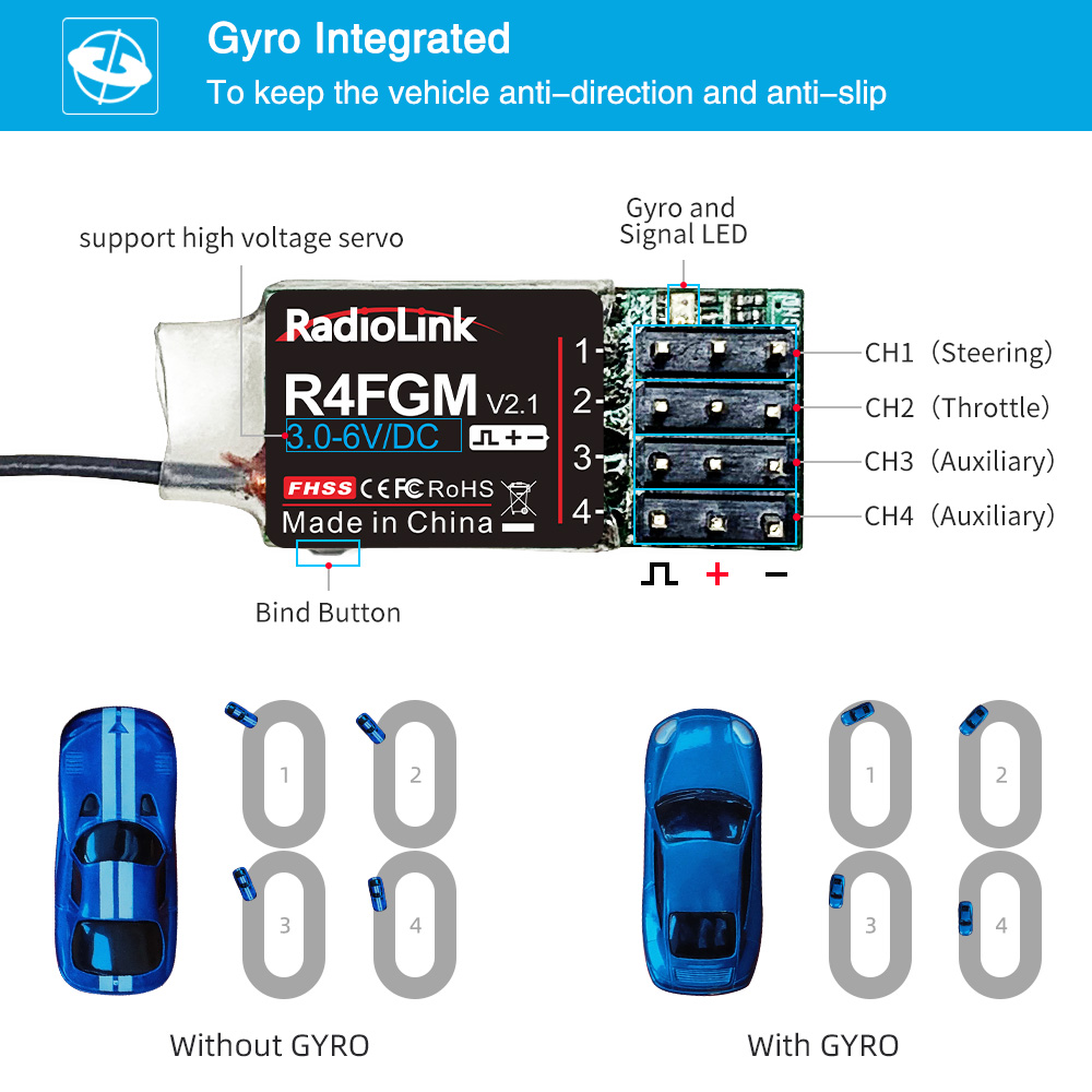 Radiolink â€“ Mini rÃ©cepteur Ã  4 canaux R4FGM avec gyroscope, pour voiture de Drift de poche 1:28 1:64 RC, fonctionne avec RC4GS RC6GS T8S T8FB RC8X n° 4