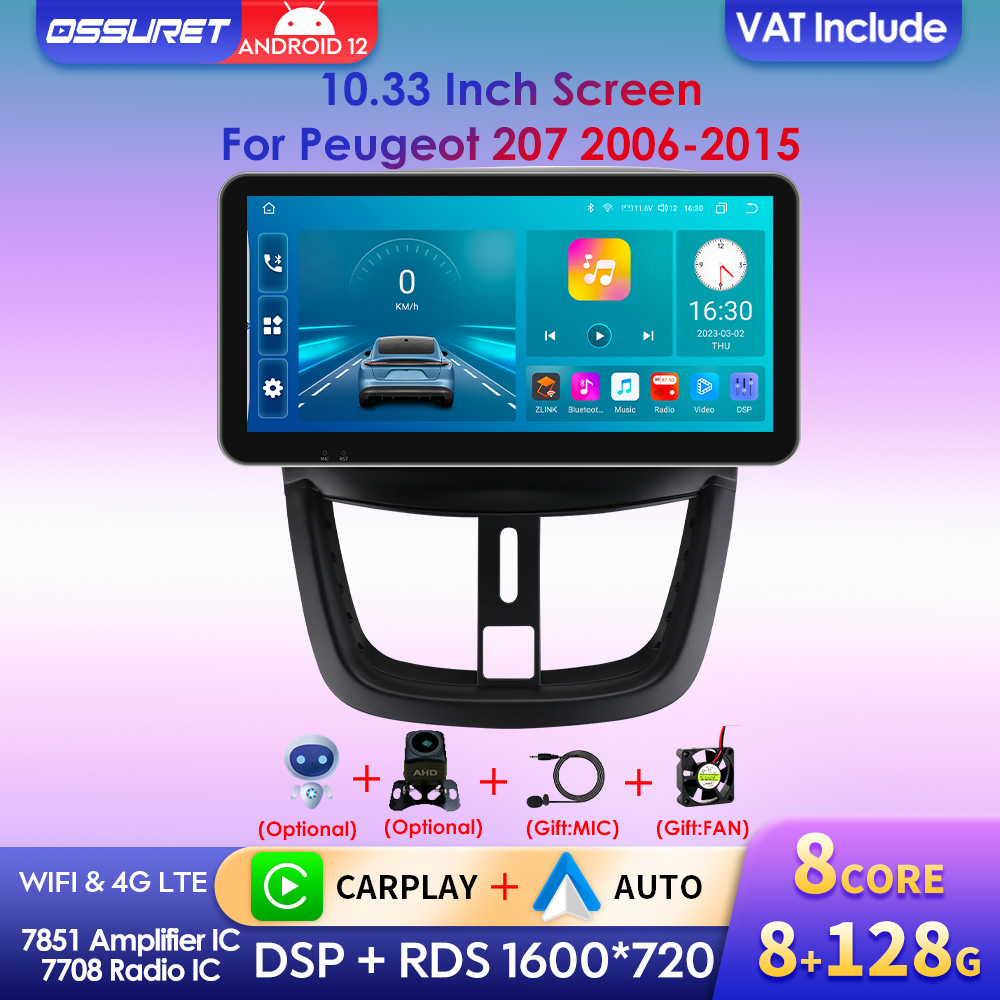 Autoradio Android 12 de 10.33 Pouces, 8 Go/128 Go, Navigation GPS, CarPlay, StÃ©rÃ©o, Lecteur MultiXXL, 2 DIN, pour Voiture KIT 207 207CC (2006 -2015) n° 1