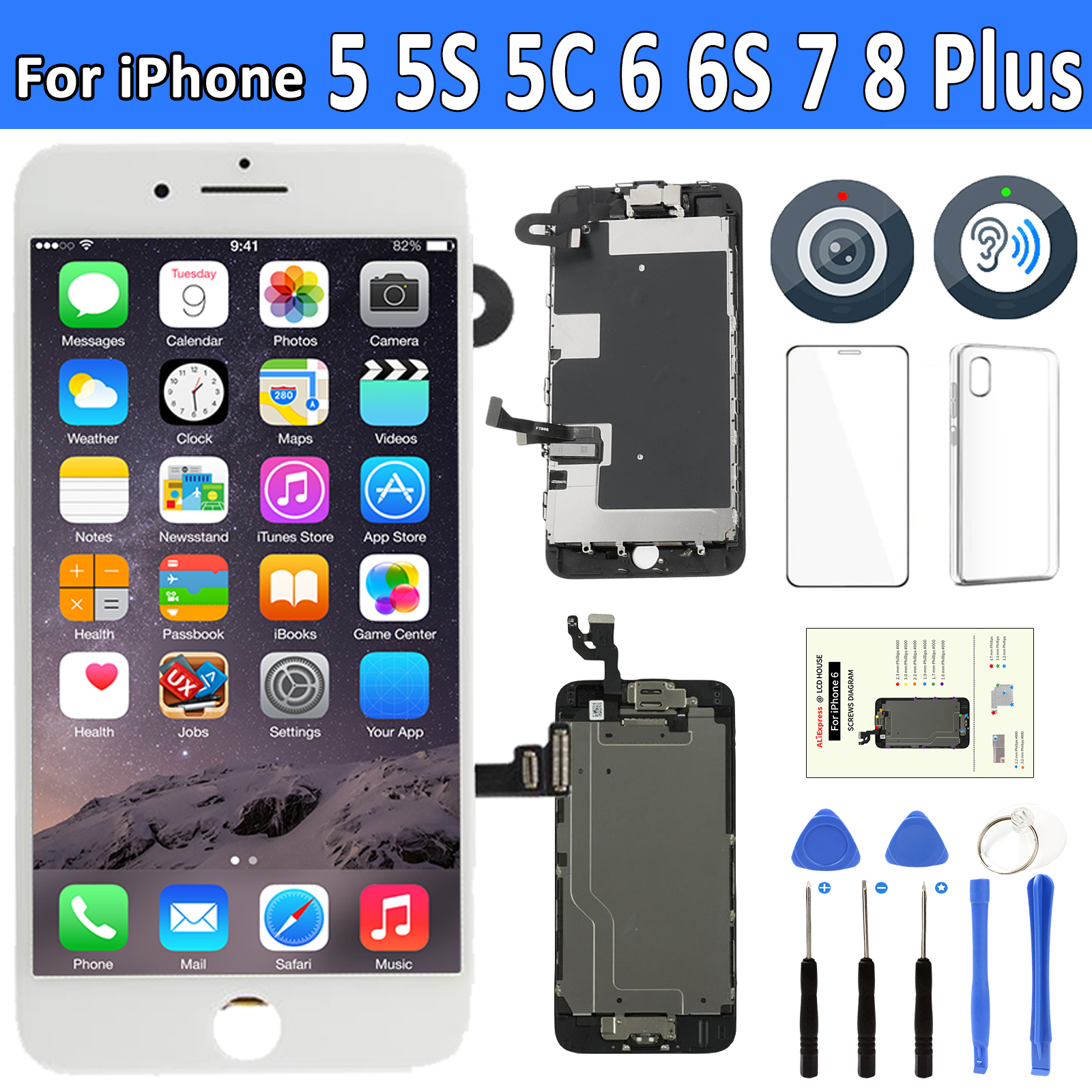 Affichage AAA pour iPhone 5 5S 5SE 6 6S 7 8 Plus 6P 6SP 7P 8P Ã‰cran LCD Ensemble Complet Assemblage Ã‰cran Tactile Digitizer Remplacement Pantalla + CamÃ©ra Avant n° 1