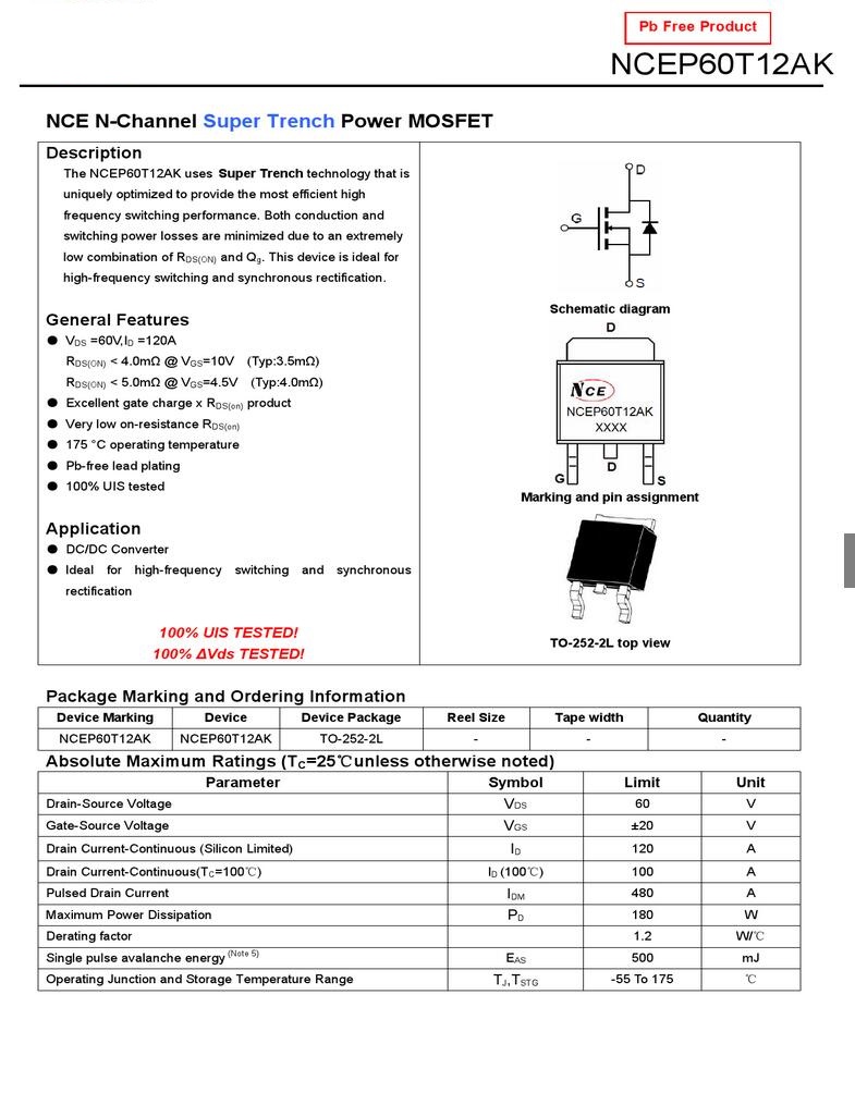 10 piÃ¨ces Ã -252-2 DPAK MOS NCE n-channel Mode d'amÃ©lioration, alimentation MOSFET 60V 120A, livraison gratuite n° 2