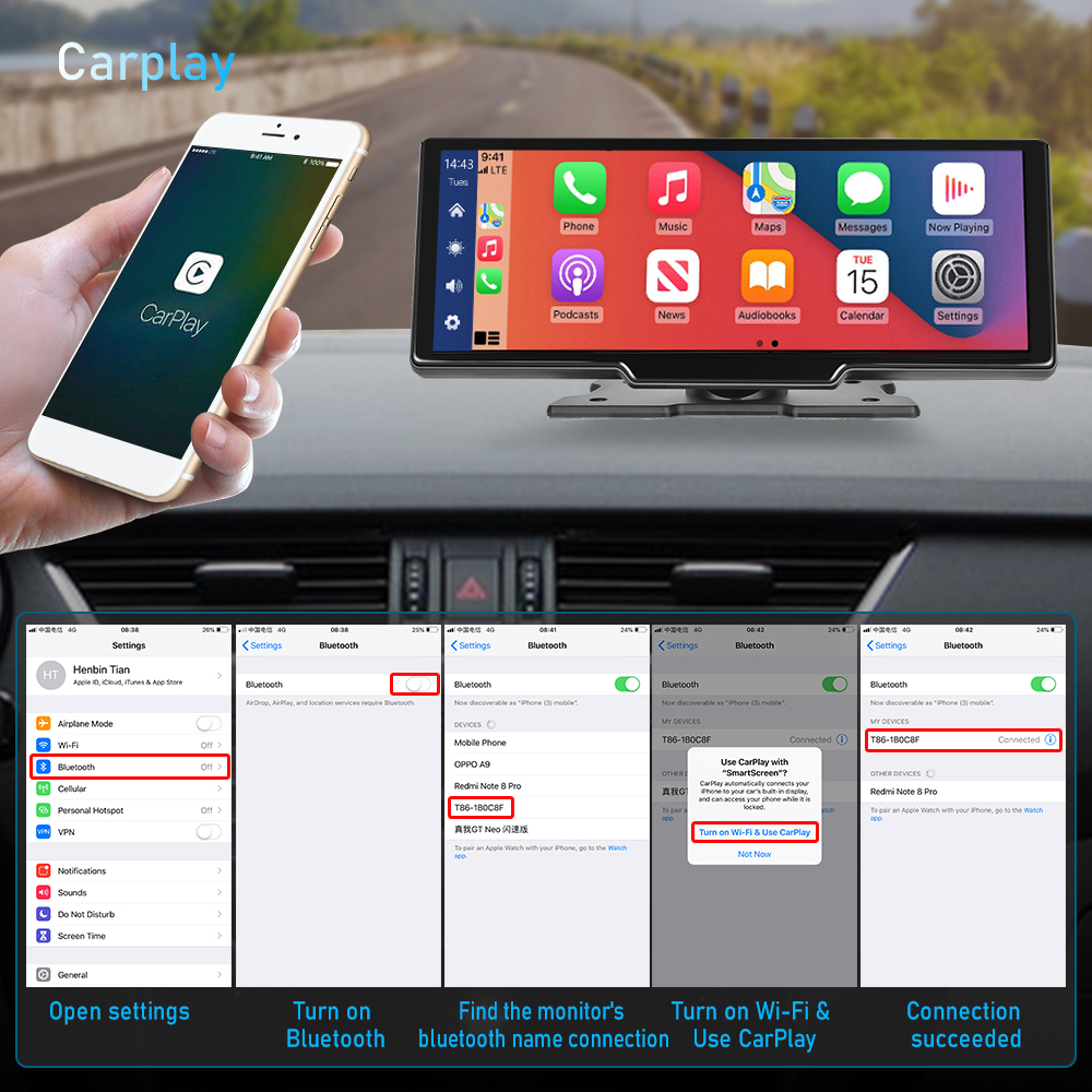 PodoNuremberg-CamÃ©ra de tableau de bord avec camÃ©ra de recul, Carplay et Android Auto, lecteur intelligent avec commande vocale, DVR de voiture, BT, FM, moniteur de miroir, 10.26 n° 2