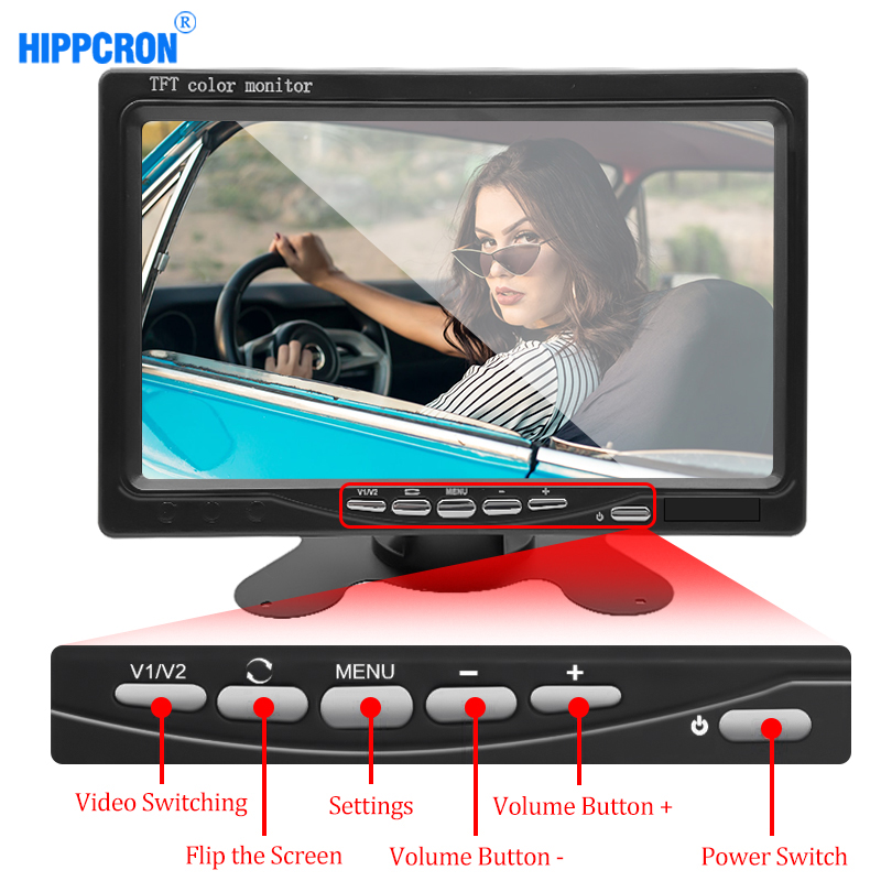 Hippcron-Ã‰cran de moniteur de voiture avec camÃ©ra de recul, systÃ¨me de stationnement LCD TFT, affichage numÃ©rique HD, entrÃ©e vidÃ©o bidirectionnelle, 7 pouces, 9V-36V n° 1