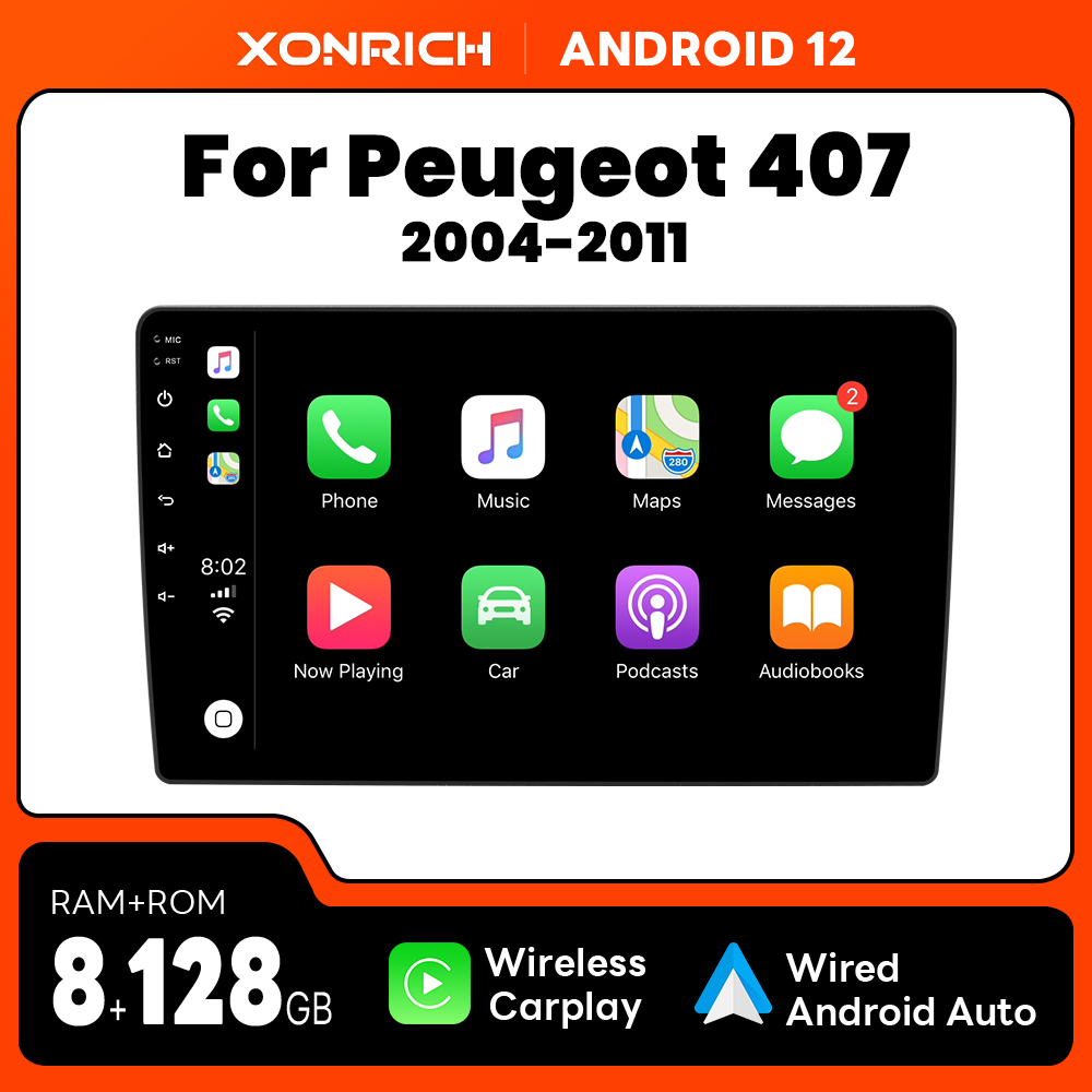 Autoradio Android 12, 8 Go/128 Go, navigation GPS, WiFi, Carplay, lecteur multimÃ©dia sans fil, avec IA, pour voiture KIT 407 (2004-2011) n° 1