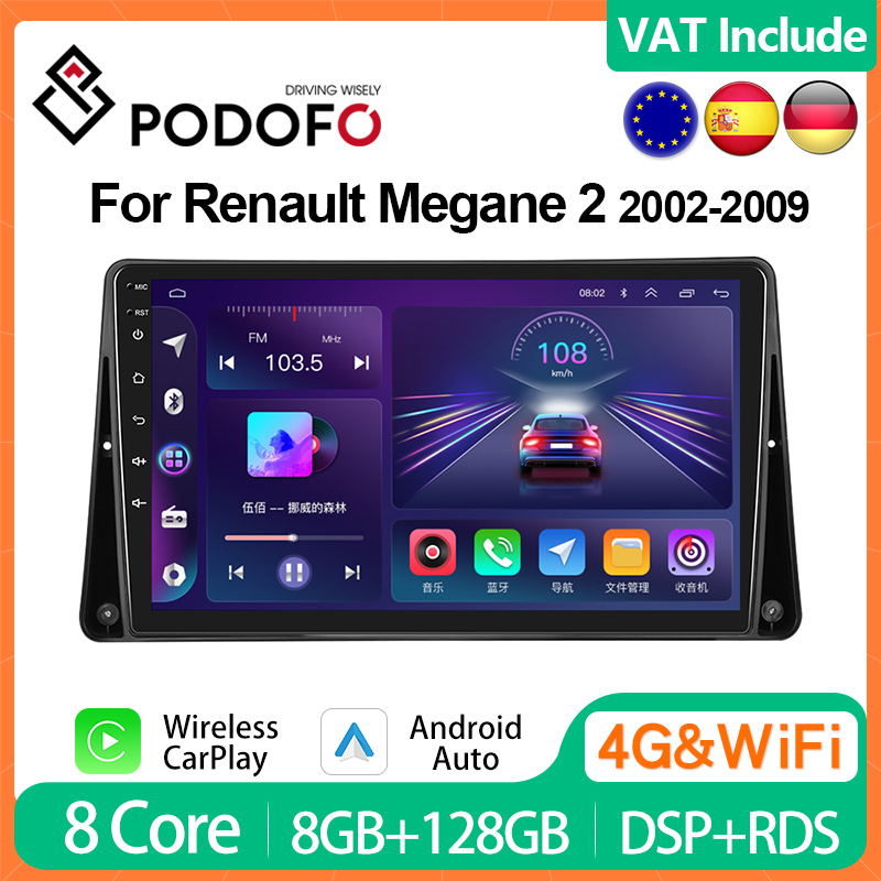 PodoNuremberg-Autoradio Android, 8 Go + 128 Go, CarPlay, Lecteur de Limitation 4G, 2Din, UnitÃ© Principale, HiFi, DSP, RDS, StÃ©rÃ©o pour Renault Megane 2, 2002-2009 n° 1