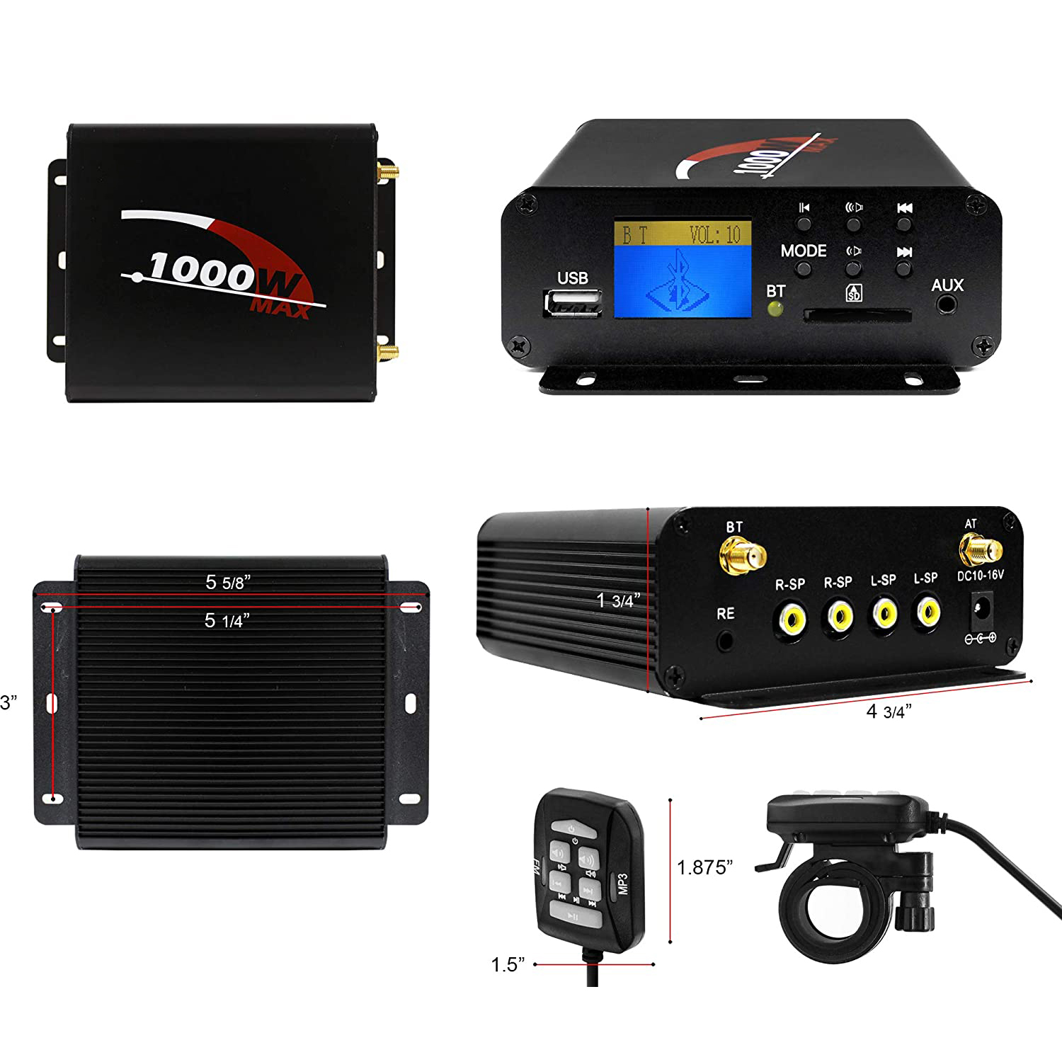 Amplificateur de puissance multimÃ©dia pour moto, 1000W, 4 canaux, Bluetooth, radio FM, USB, AUX, SD, lecteur audio compact pour voitures n° 2