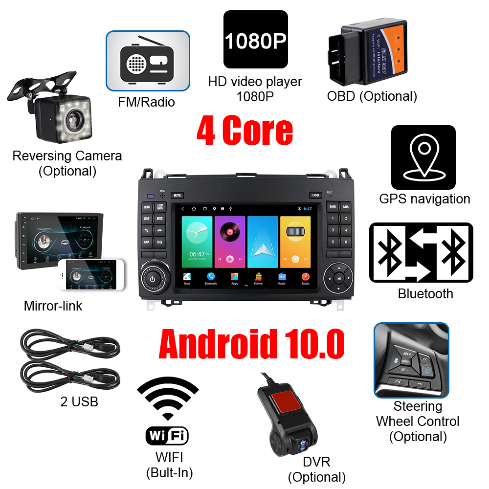 Autoradio Android pour Mercedes Benz Vito Sprinter Classe A B V B200 Wrationnal A200 W245 W639 VW, lecteur MP5, audio de voiture, Ã©cran 7 , 12V n° 6