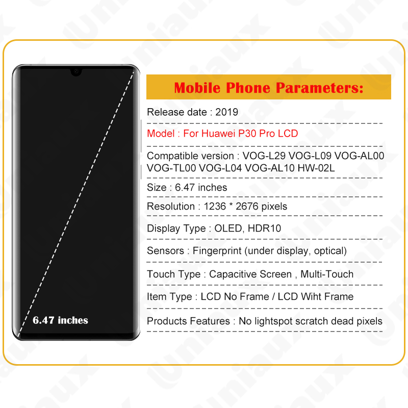 6.47 OLED d'origine pour Huawei P30 Pro LCD VOG-L29 VOG-L09 VOG-L04 écran tactile Hébergements eur assemblée pour P30Pro écran LCD n° 6