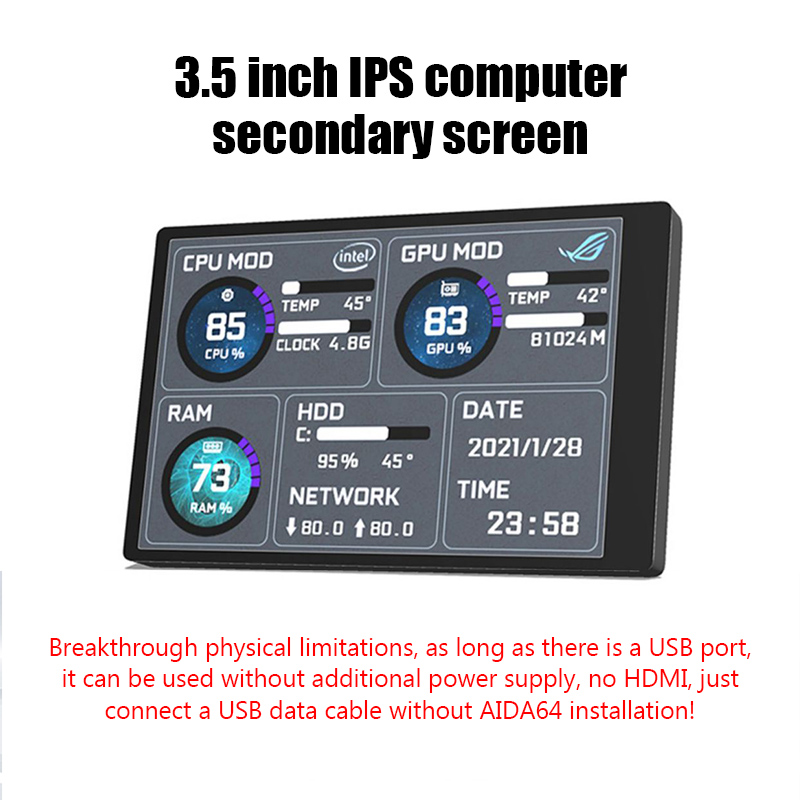 Petit moniteur d'Ã©cran secondaire pour ordinateur, affichage de la tempÃ©rature PC, IPS 3.5 , Ã©cran auxiliaire USB, CPU, GPU, RAM, disque dur n° 3