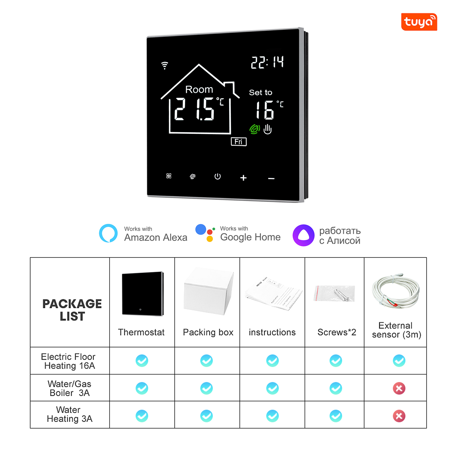 Tuya-Thermostat Intelligent avec Ã‰cran Tactile LCD, pour Chauffage Ã‰lectrique au Sol, Eau/Gaz, Microphone, TÃ©lÃ©commande de TempÃ©rature n° 2