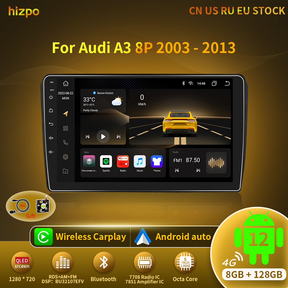 Hizpo-Autoradio avec Ã©cran pour Audi A3 8P 2003-2012, Carplay, 9 , 2 Din, Android 12, StÃ©rÃ©o, Limitation du systÃ¨me intelligent, WiFi n° 1