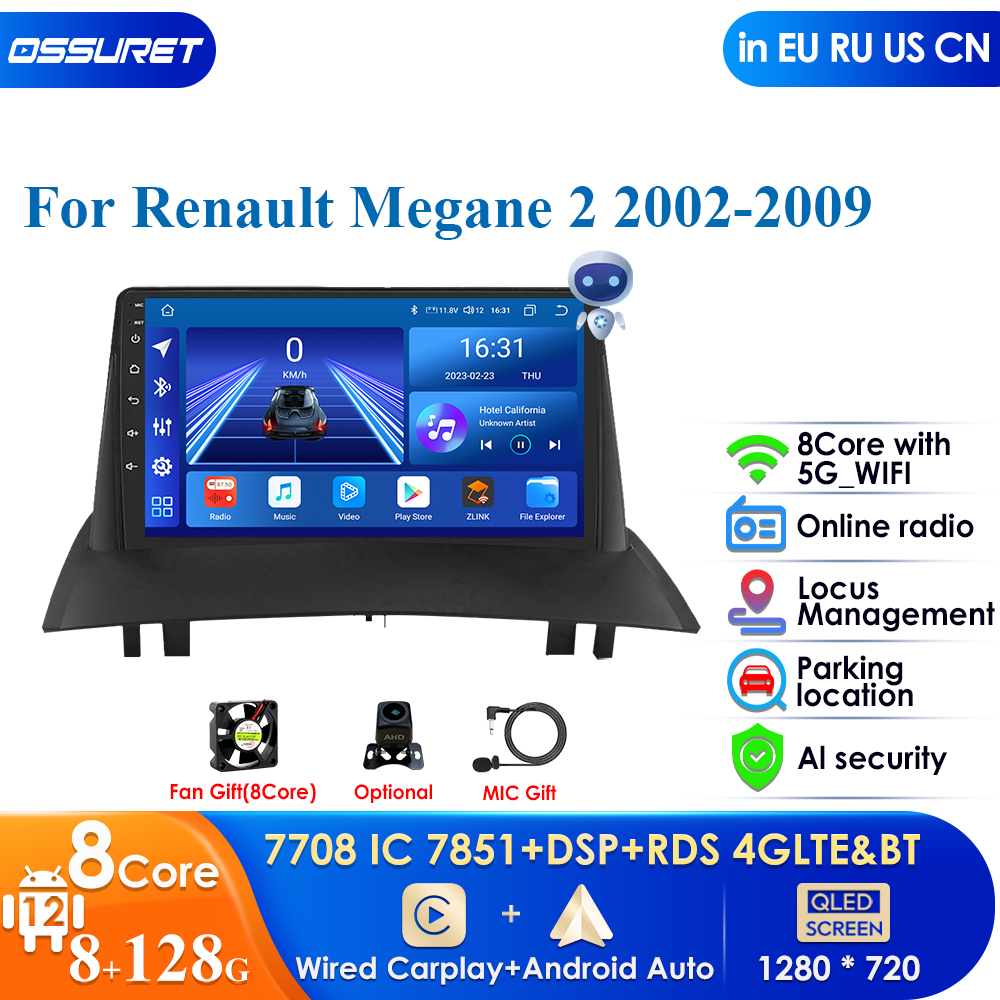 Autoradio Android 12, 8 Go/128 Go, DSP, IA, Carplay, Navigation GPS, WIFI, Lecteur VidÃ©o, 2DIN, Limitation, pour Voiture Renault Megane 2 (2002-2009) n° 1