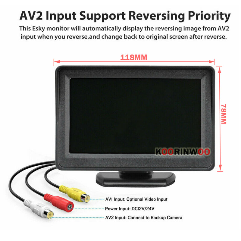 Koorinwoo-Mini moniteur numÃ©rique HD pour voiture, Ã©cran 4.3 pouces, TFT, LCD, 800x480, systÃ¨me vidÃ©o de stationnement intÃ©grÃ© au tableau de bord, aide au stationnement, 2 Ã©crans RCA n° 2