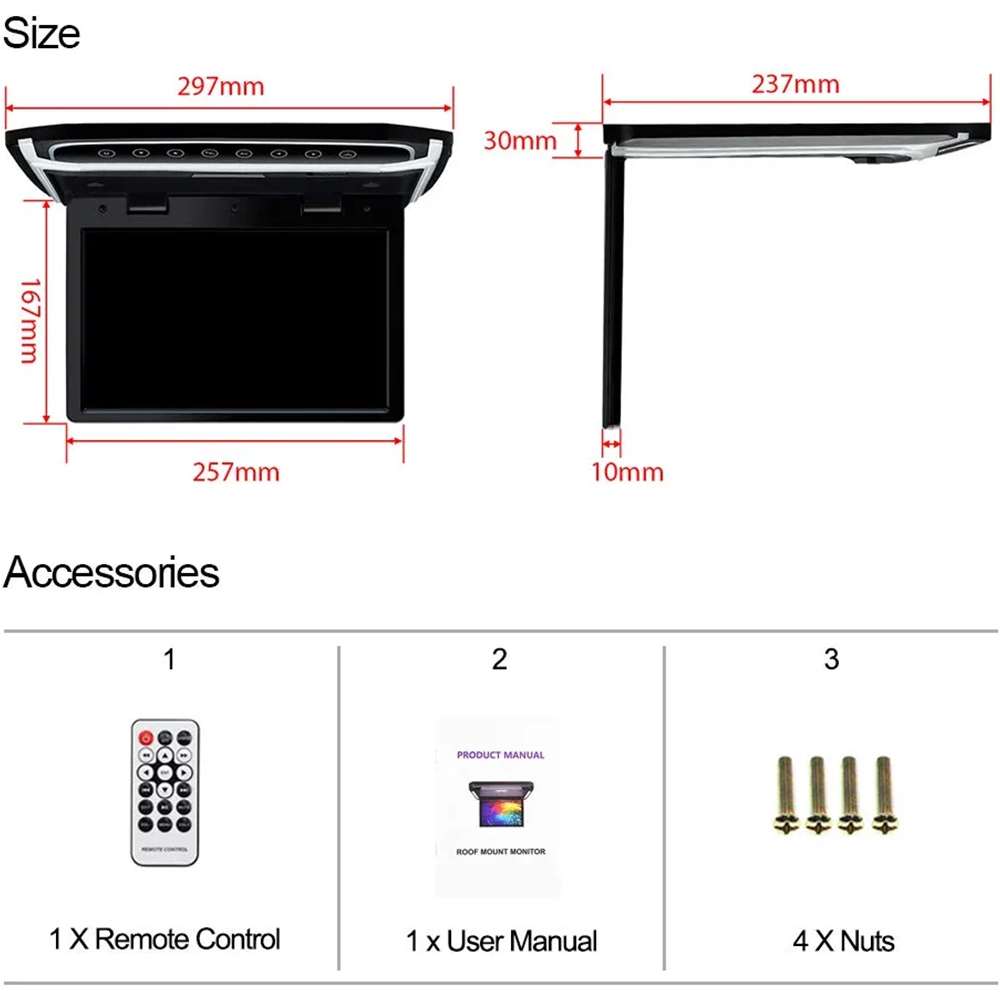 Lecteur rabattable de toit de voiture montÃ© ultra-mince, moniteur de voiture, Ã©cran large, vidÃ©o HD, TFT numÃ©rique, HDMI, IR, FM, USB, SD, 10.1 pouces, 1080P n° 6