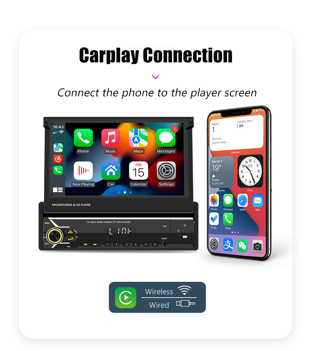 Lecteur MP5 de voiture Ã  Ã©cran rÃ©tractable, Carplay, Android Auto, Bluetooth 5.1, systÃ¨me intelligent, autoradio, lecteur de limitation, 7 n° 4