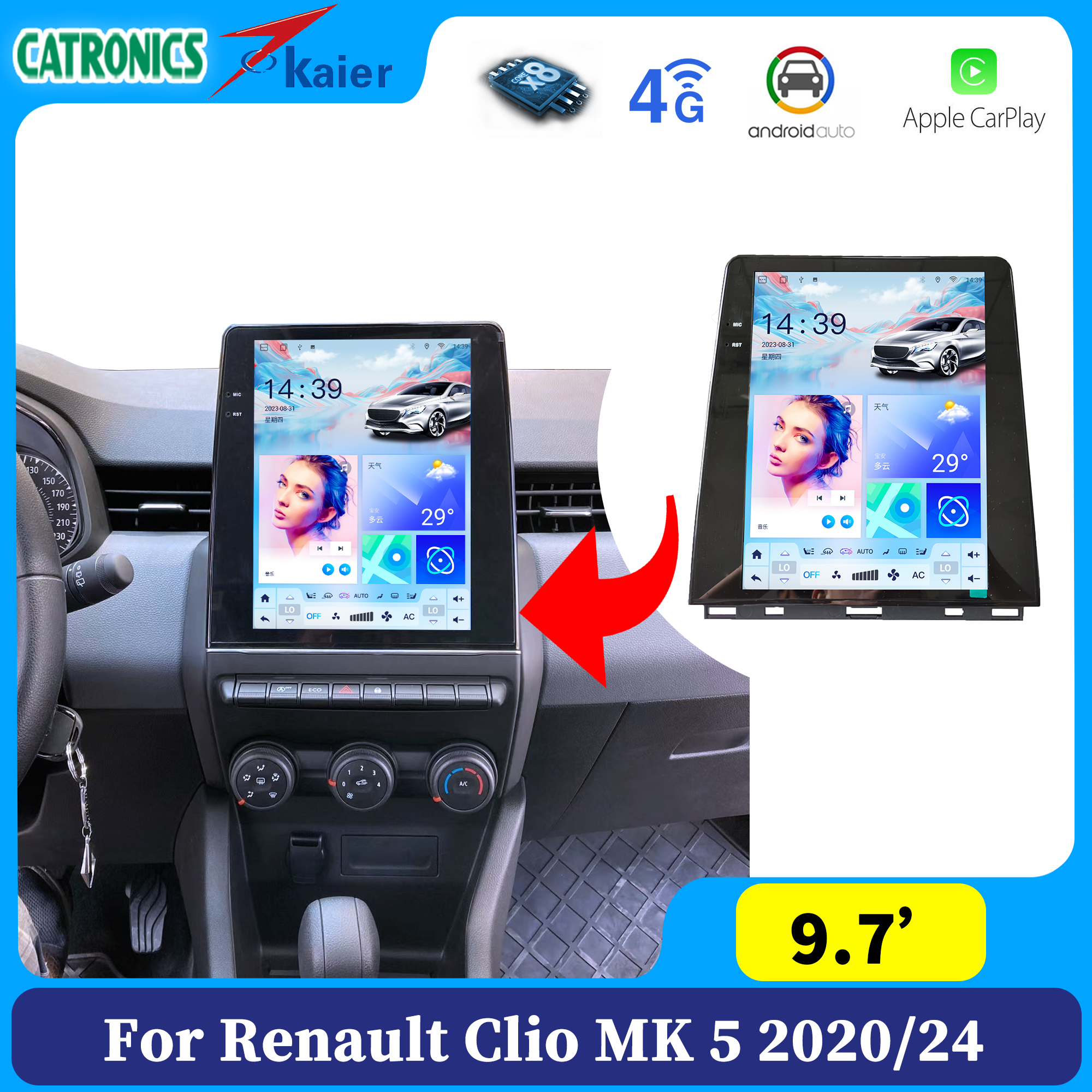 Autoradio Android pour Renault Clio 5, 2020, 2021, 2022, 2023, 2024, Ã‰cran, Carplay, SystÃ¨me d'betodivertissement, Accessoires de Limitation n° 1