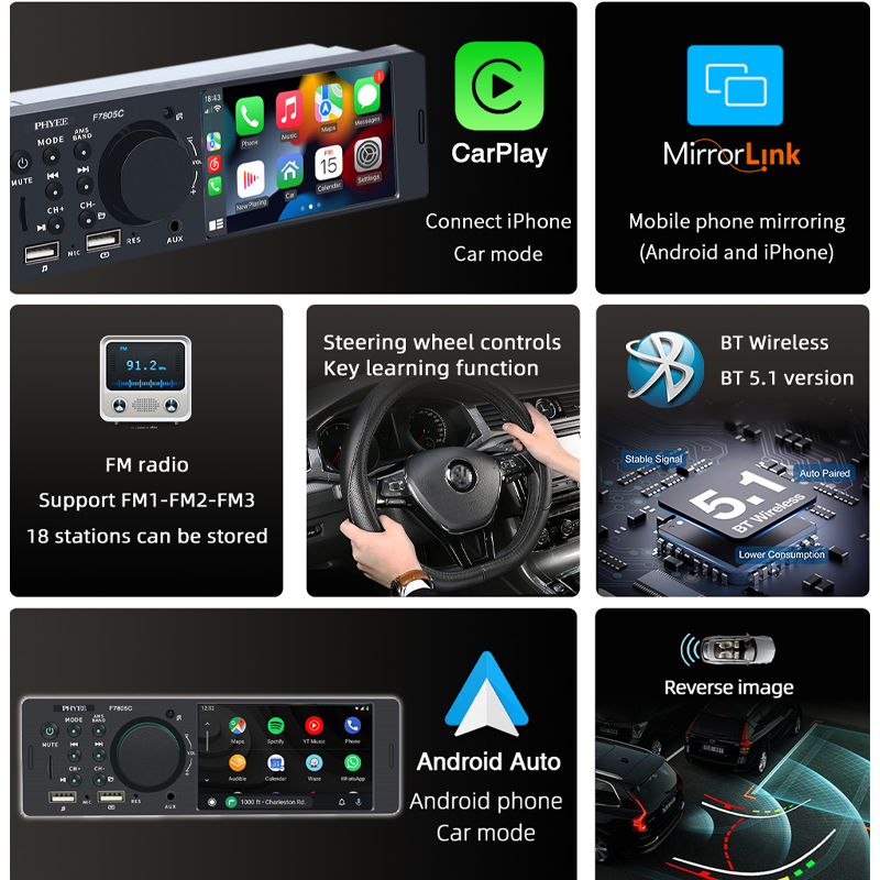 Autoradio CarPlay Android-Auto, Bluetooth, Mirror Link, Lecteur MP5, Main Libre, A2DP, SystÃ¨me Audio USB, UnitÃ© Principale, F7805C, 1 Din, 4 n° 2