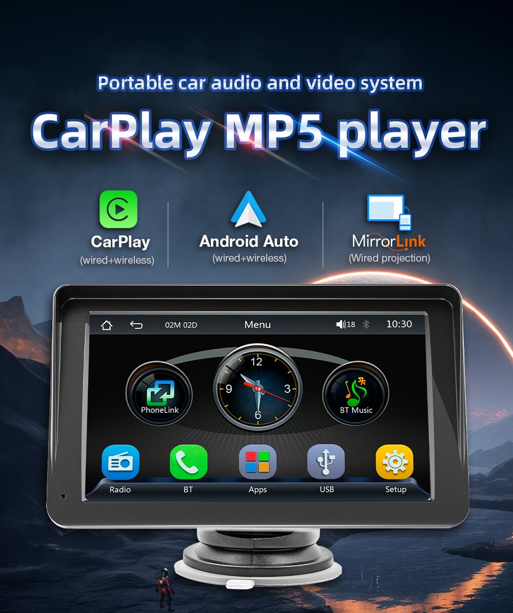 Lecteur vidÃ©o de limitation d'autoradio universel, Carplay sans fil, Android, Ã©cran tactile automatique, pare-soleil, 7 pouces, 5300 n° 1