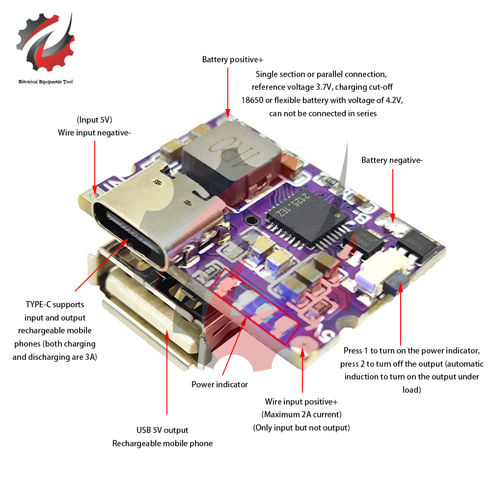 Carte de protection de charge de batterie au lithium avec indicateur LED, convertisseur Boost, technologie d'alimentation Ã©lÃ©vatrice, USB de type C, 5V Ã  4.2V, 3A n° 6