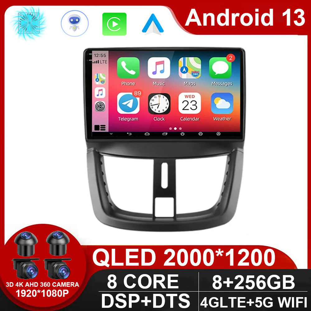 Autoradio 9 Android 13, 4G, WiFi, DSP, Navigation GPS, Carplay, Lecteur VidÃ©o, 2 DIN, Limitation, pour Voiture KIT 207 (2006-2015) n° 1