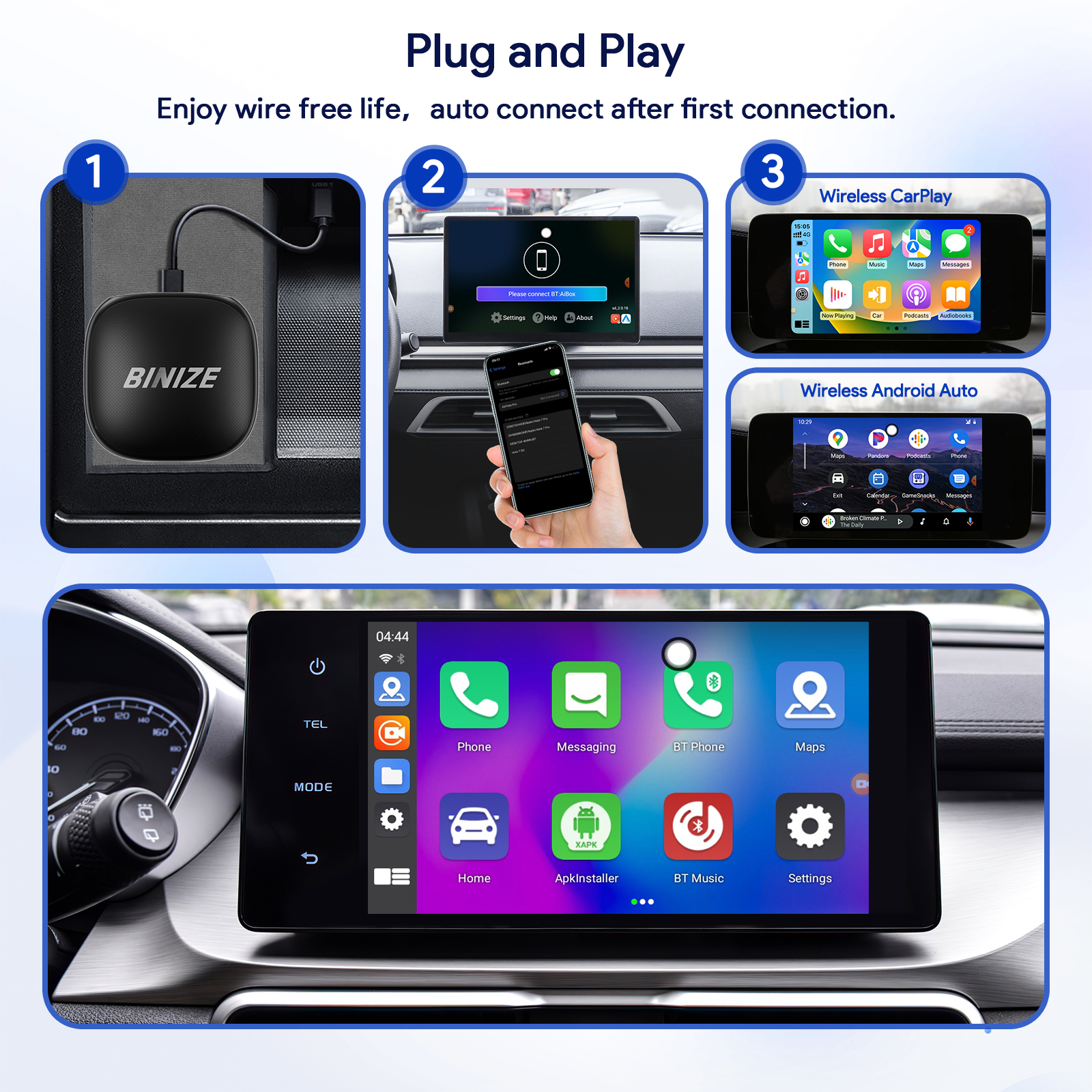 Binize-CarPlay Ai Box, Android 13.0, Auto sans fil, Qualcomm 6125, 8 cÅ“urs, 8 Go + 128 Go, Netflix, promettant la persÃ©vÃ©rance 4G, GPS n° 3