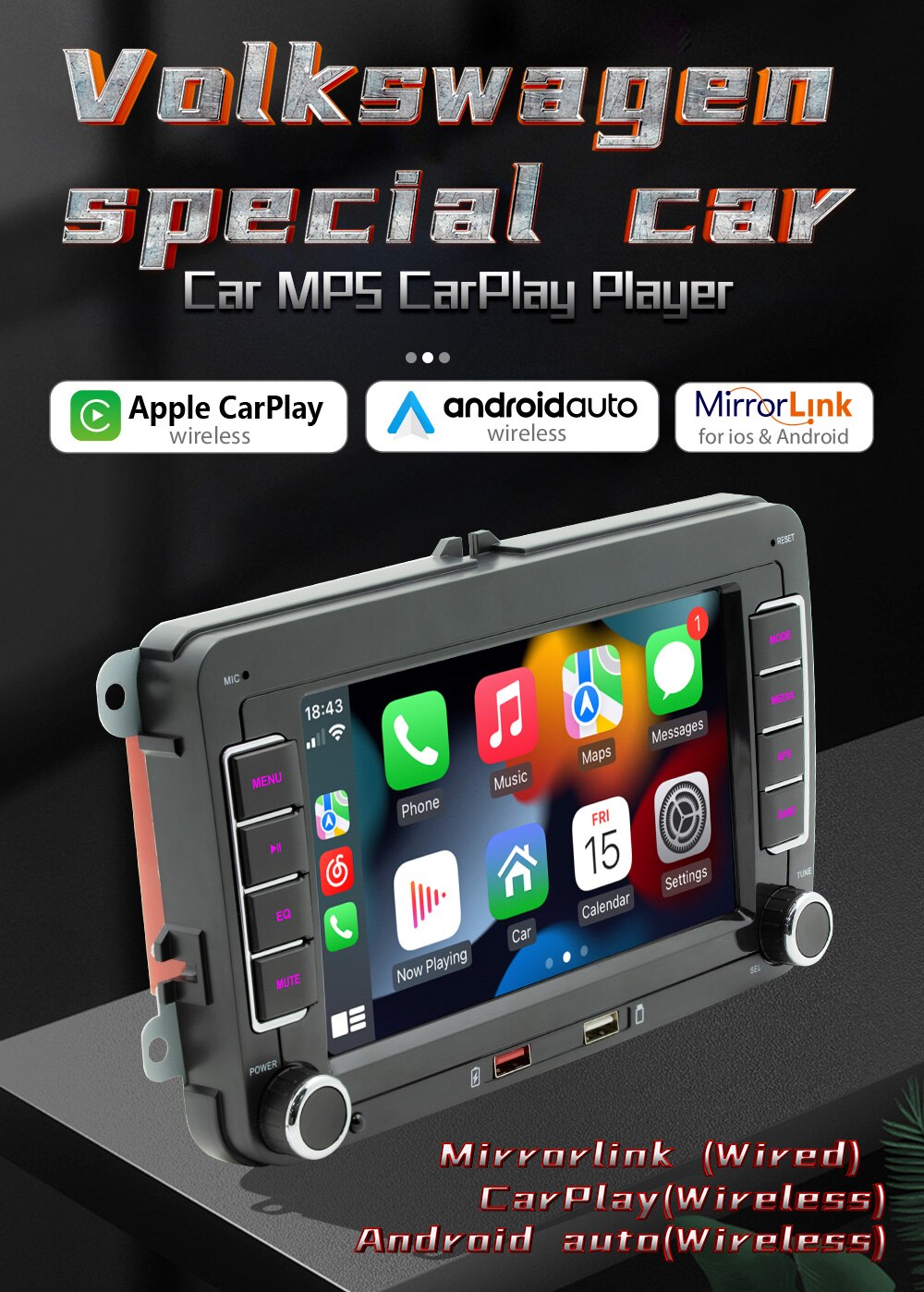 2 Din voiture hd 7 pouces android autoradio RDS Airplay vidÃ©o multimÃ©dia CarPlay sans fil stÃ©rÃ©o de voiture, les volkswagen/siÃ¨ge/skoda/passat/golf/polo n° 3