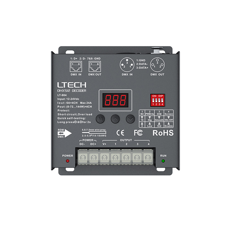 LTECH a menÃ© le dÃ©codeur de DMX d'affichage DC12-24V entrÃ©e; la tension constante du canal PWM RDM DMXorgSSashCV de Snap* 4CH 8A * 3CH Max 24A a produit 4 n° 1