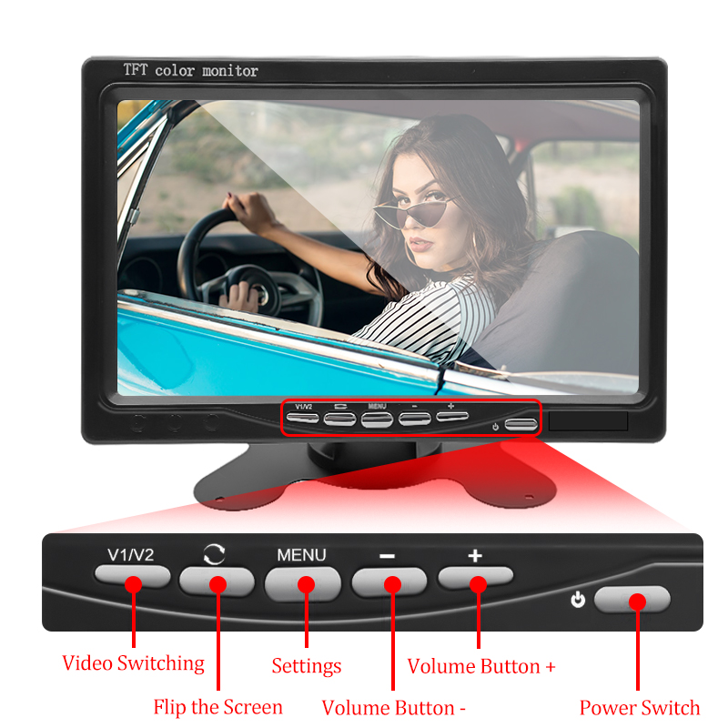 Hippcron-Ã‰cran de moniteur de voiture avec camÃ©ra de recul, systÃ¨me de stationnement LCD TFT, affichage numÃ©rique HD, entrÃ©e vidÃ©o bidirectionnelle, 7 pouces, 9V-36V n° 3