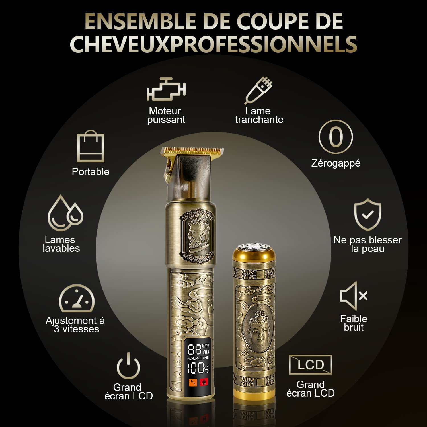 Tondeuse Ã  cheveux sans fil aste avec Ã©cran LCD, 1.6 pouces, siÃ¨ges professionnels n° 3