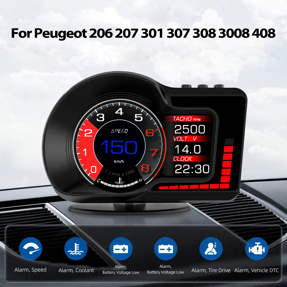 Afficheurs tÃªte haute pour voiture, GPS, compteur de vitesse, jauge de tr/min, affichage HUD, accessoires pour KIT 308, 208, 3008, 206, 207, 301, 307, 408, F15, OBD2 n° 1