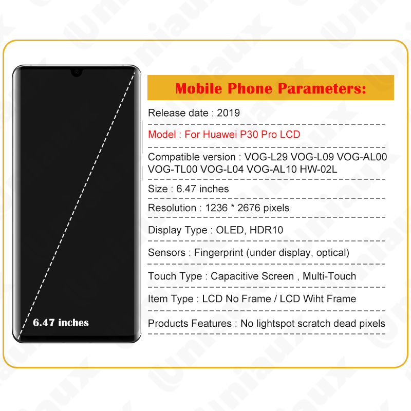 6.47 OLED d'origine pour Huawei P30 Pro LCD VOG-L29 VOG-L09 VOG-L04 Ã©cran tactile HÃ©bergements eur assemblÃ©e pour P30Pro Ã©cran LCD n° 6