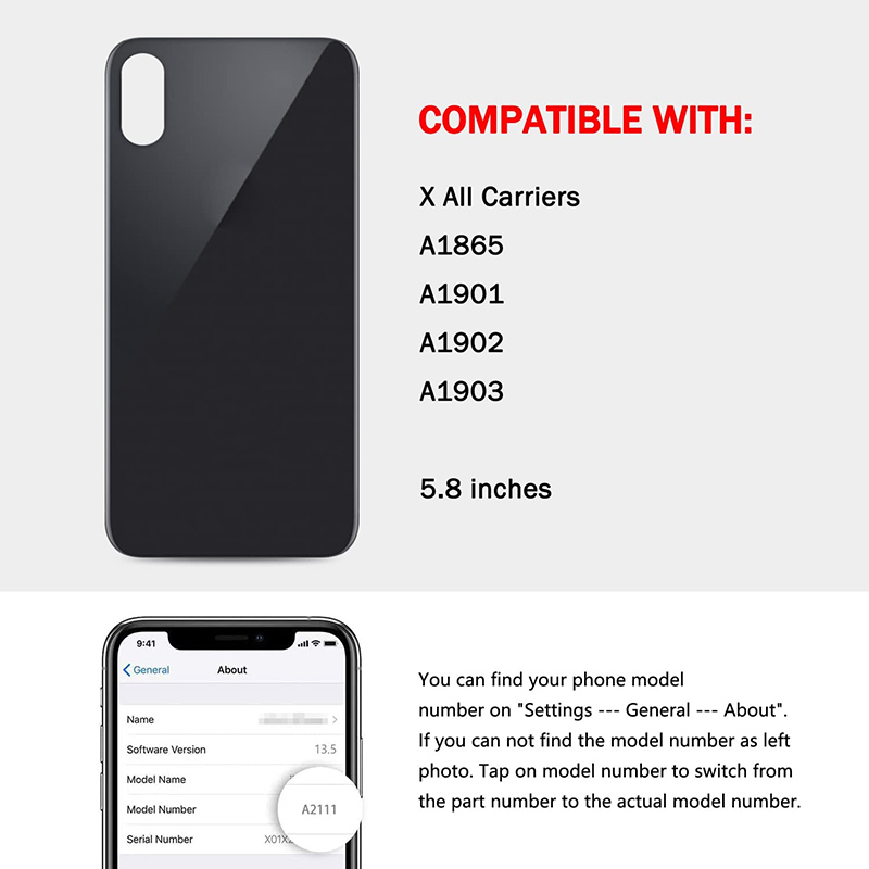 Coque arriÃ¨re en verre Ã  grand trou pour iPhone X, 5.8 pouces, tous supports avec bande 3M, pour modÃ¨les A1865, A1901, a1932 n° 2