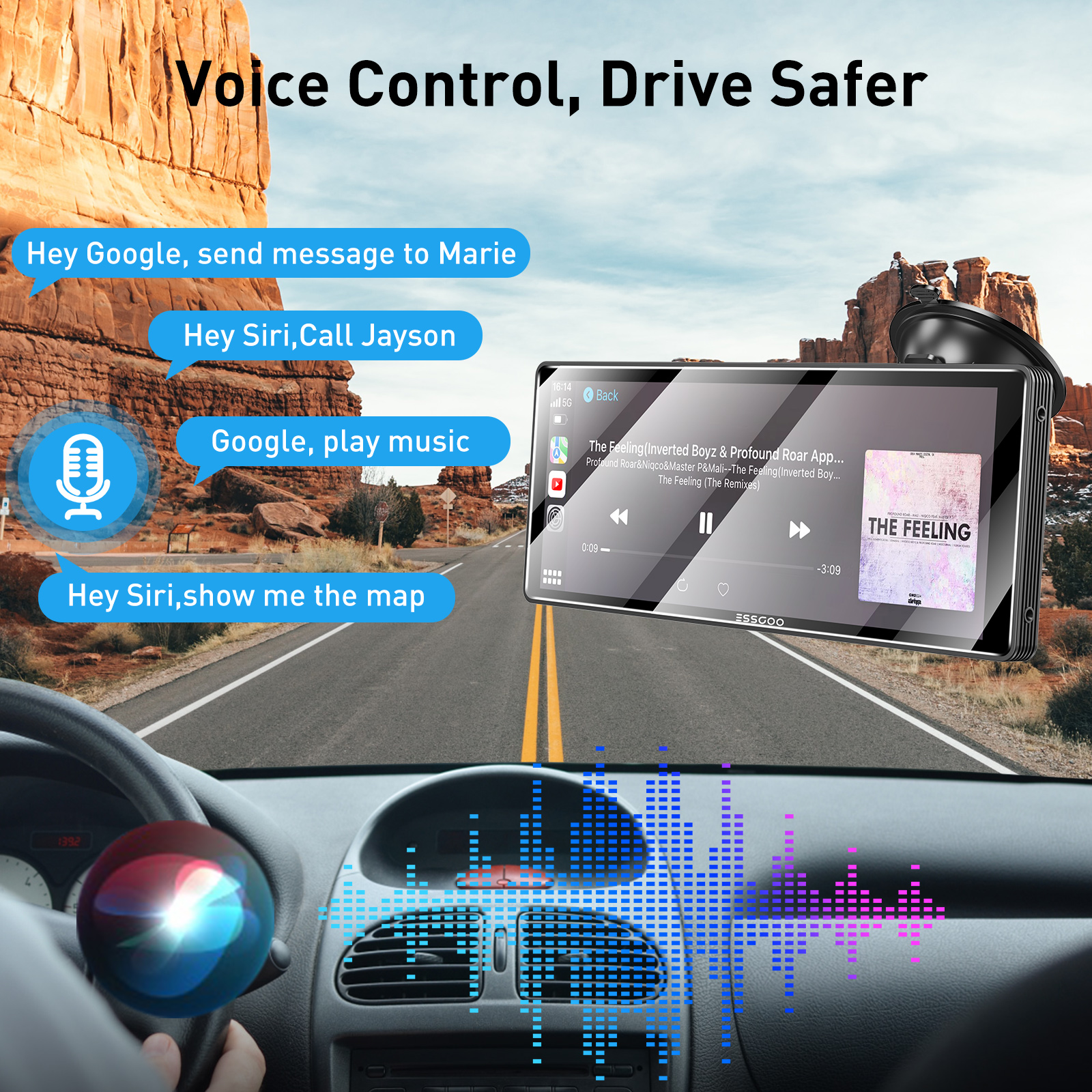 ESSGOO-Lecteur de voiture sans fil portable, Carplay, Android, Auto First, Ã‰cran IPS 10.26 , WiFi, Bluetooth, Commande vocale, Limitation n° 6