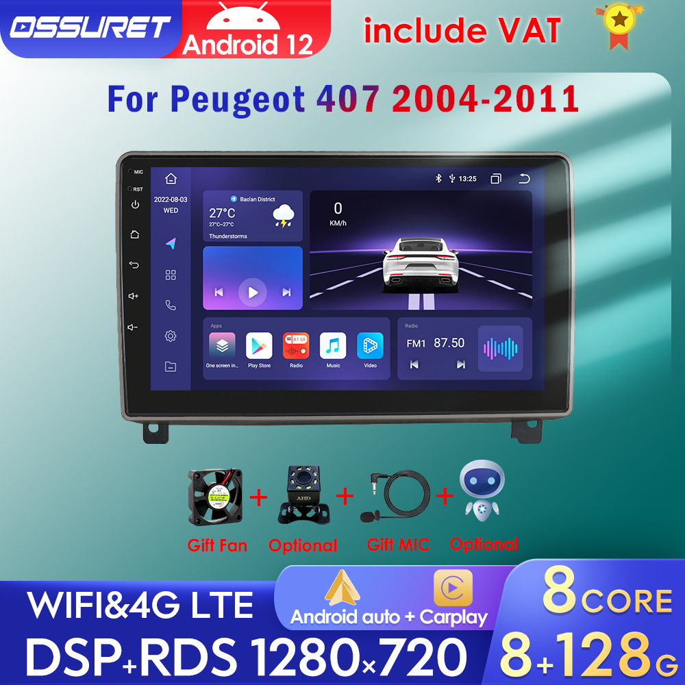 Autoradio Android 8 Go/128 Go, Navigation GPS, Carplay, 2 DIN, StÃ©rÃ©o, Limitation, pour Voiture KIT 407 (2004-2011) n° 1