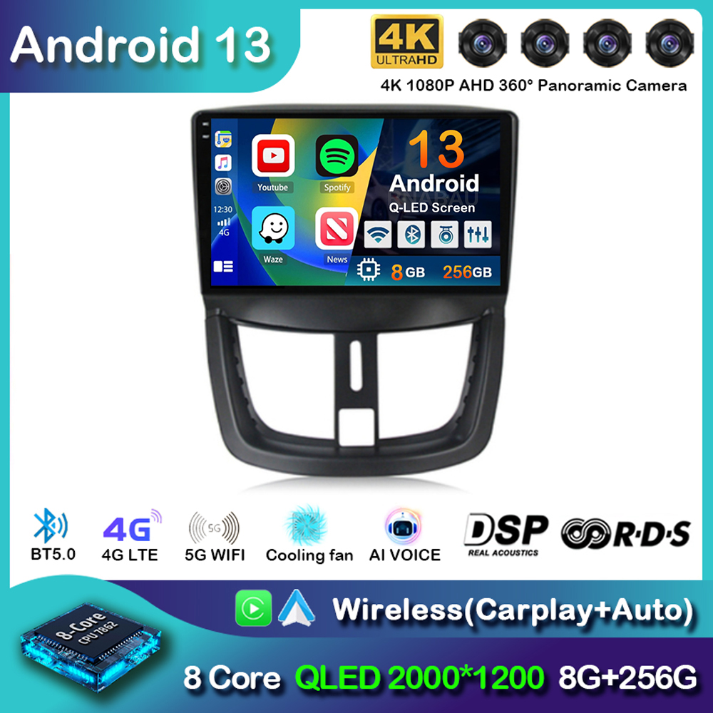 Autoradio Android 13, Carplay, Lecteur VidÃ©o, StÃ©rÃ©o, GPS, DVD, UnitÃ© Centrale, 2 Din, pour Voiture KIT 207 CC, 207CC (2006-2015) n° 1