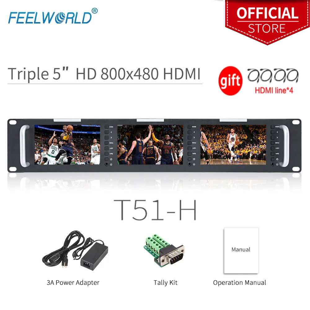 Feelworld T51-H Triple 5 pouces 2RU LePackage poids HDMI Broadcast Moniteur LCD TFT 800x400 HDMI AV T1 Mount Moniteur pour Broadcastin n° 6