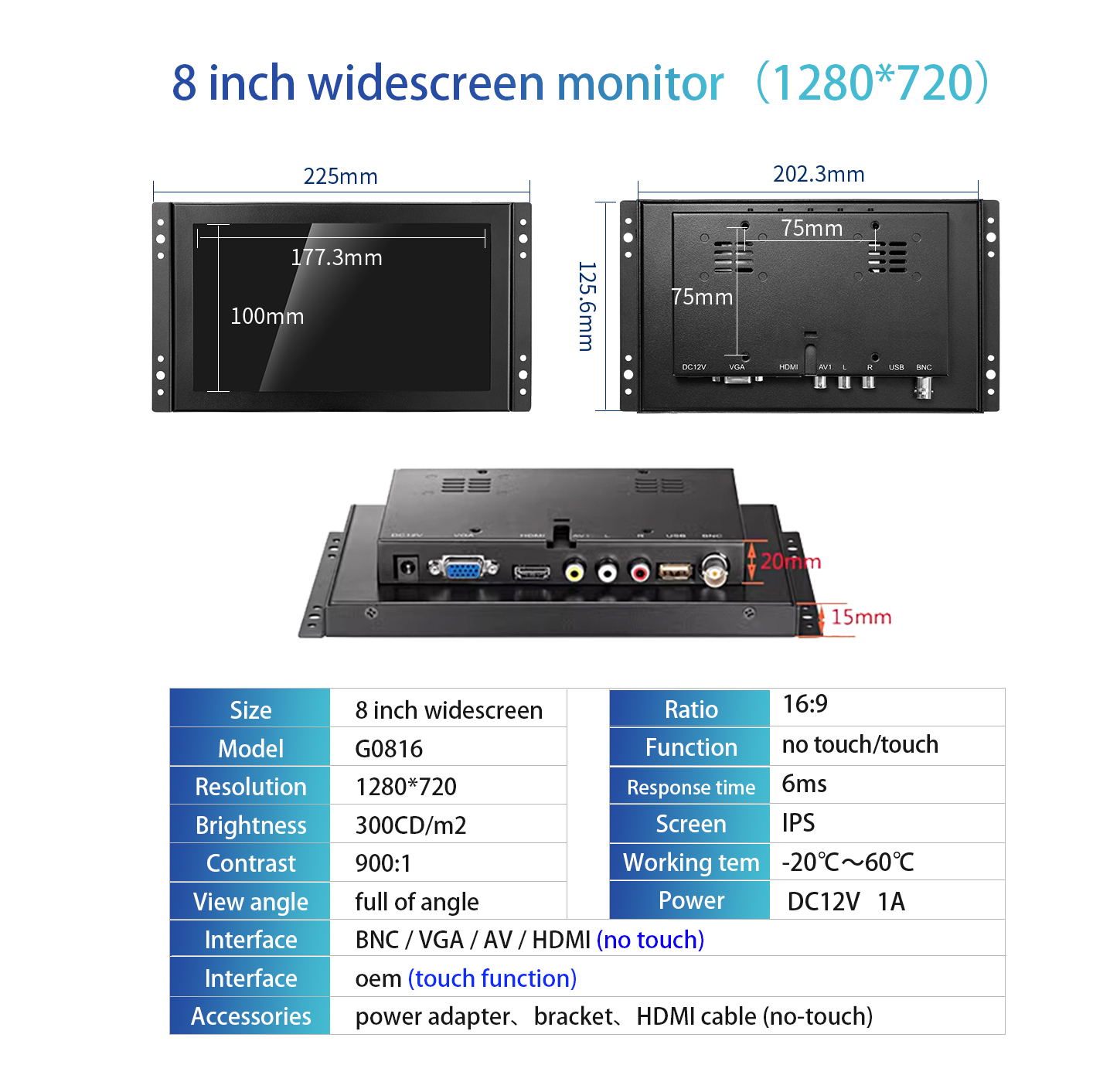 Ã‰cran LCD LED Industriel de 8 Pouces avec BoÃ®tier D.lique, Affichage Ã  Cadre Ouvert, HDMI/VGA/USB/BNC/AV, 1280x720 n° 5